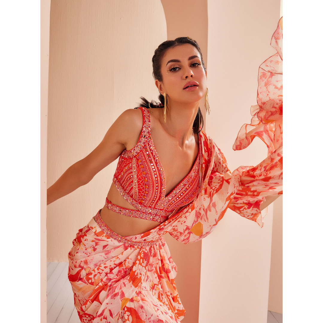 Printed Georgette Lurex Draped Saree Set
