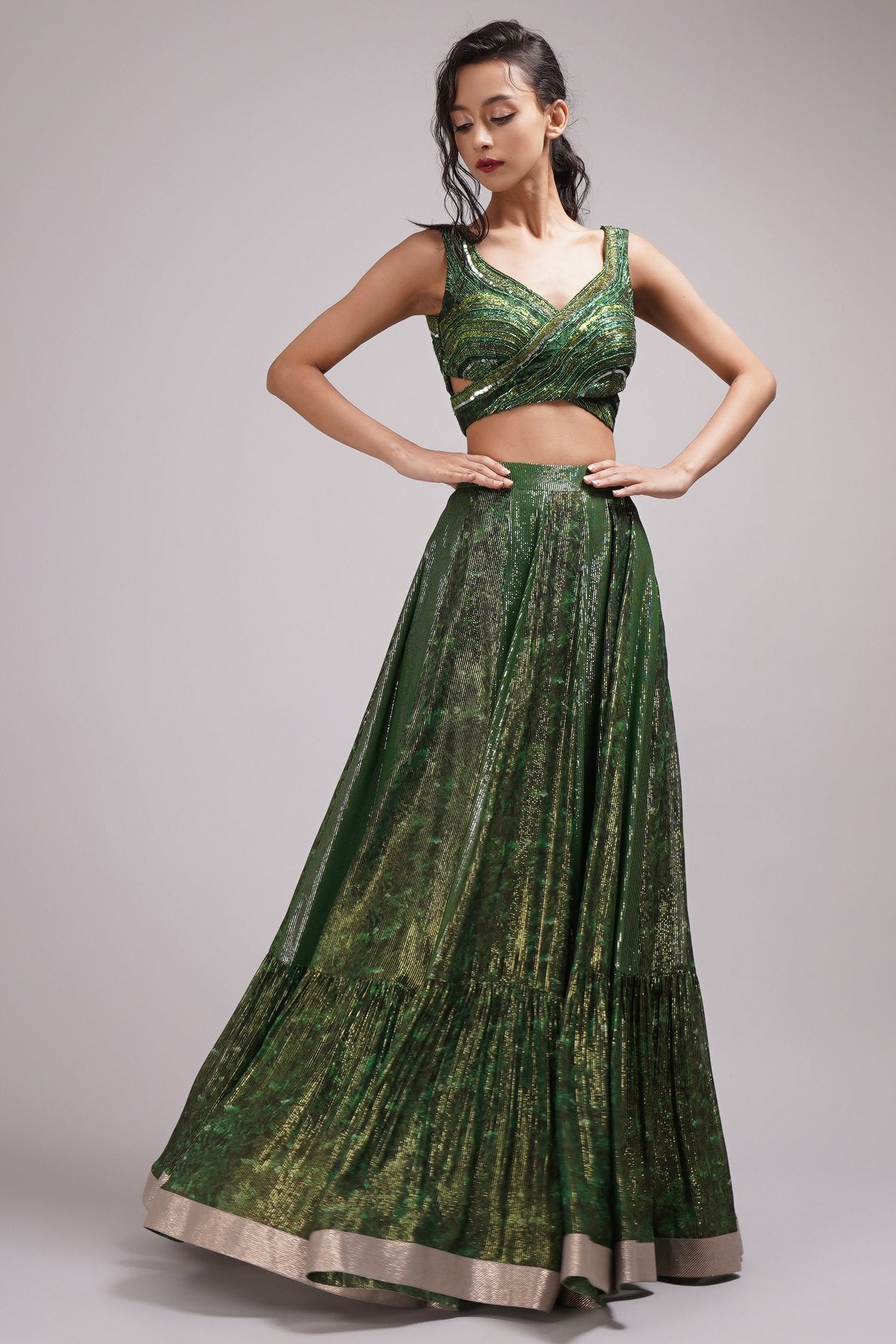 Heavily Embelished Gown Cross Sweetheart Neck Bustier Blouse Lehenga Set.