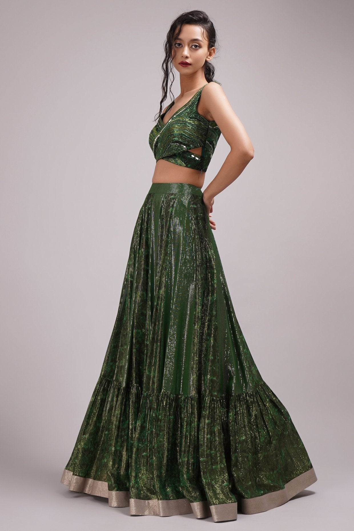 Heavily Embelished Gown Cross Sweetheart Neck Bustier Blouse Lehenga Set.