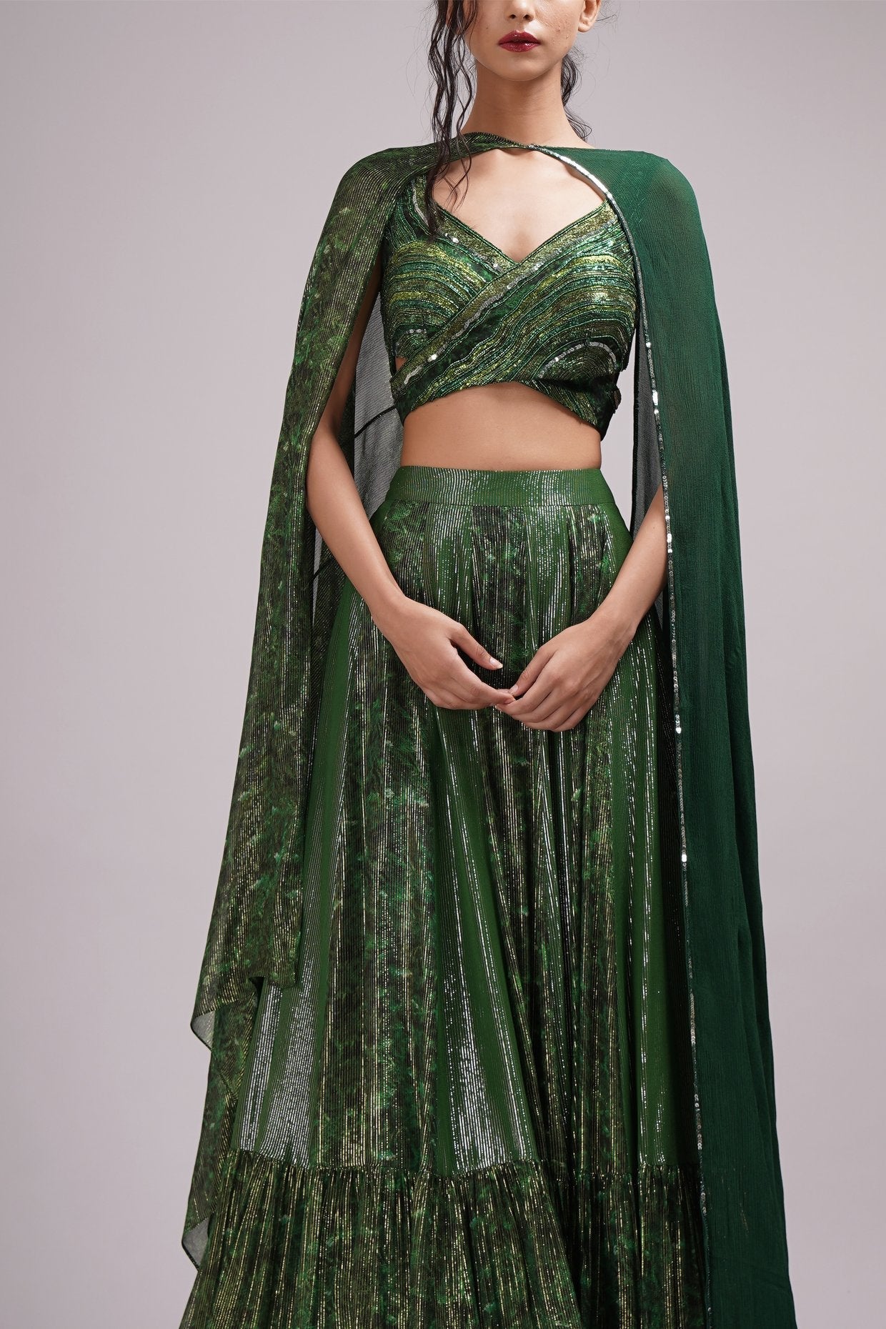 Heavily Embelished Gown Cross Sweetheart Neck Bustier Blouse Lehenga Set.