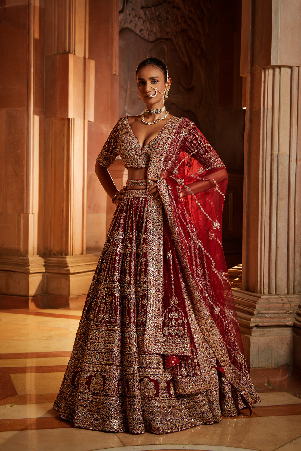 Maroon Raw Silk Lehenga Choli with Embroidered Belt & Tulle Dupatta