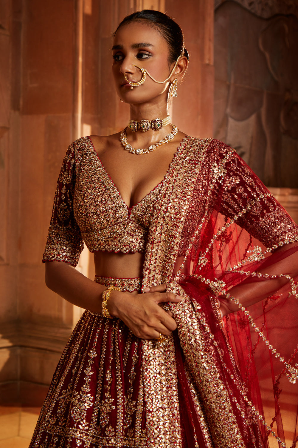 Maroon Raw Silk Lehenga Choli with Embroidered Belt & Tulle Dupatta