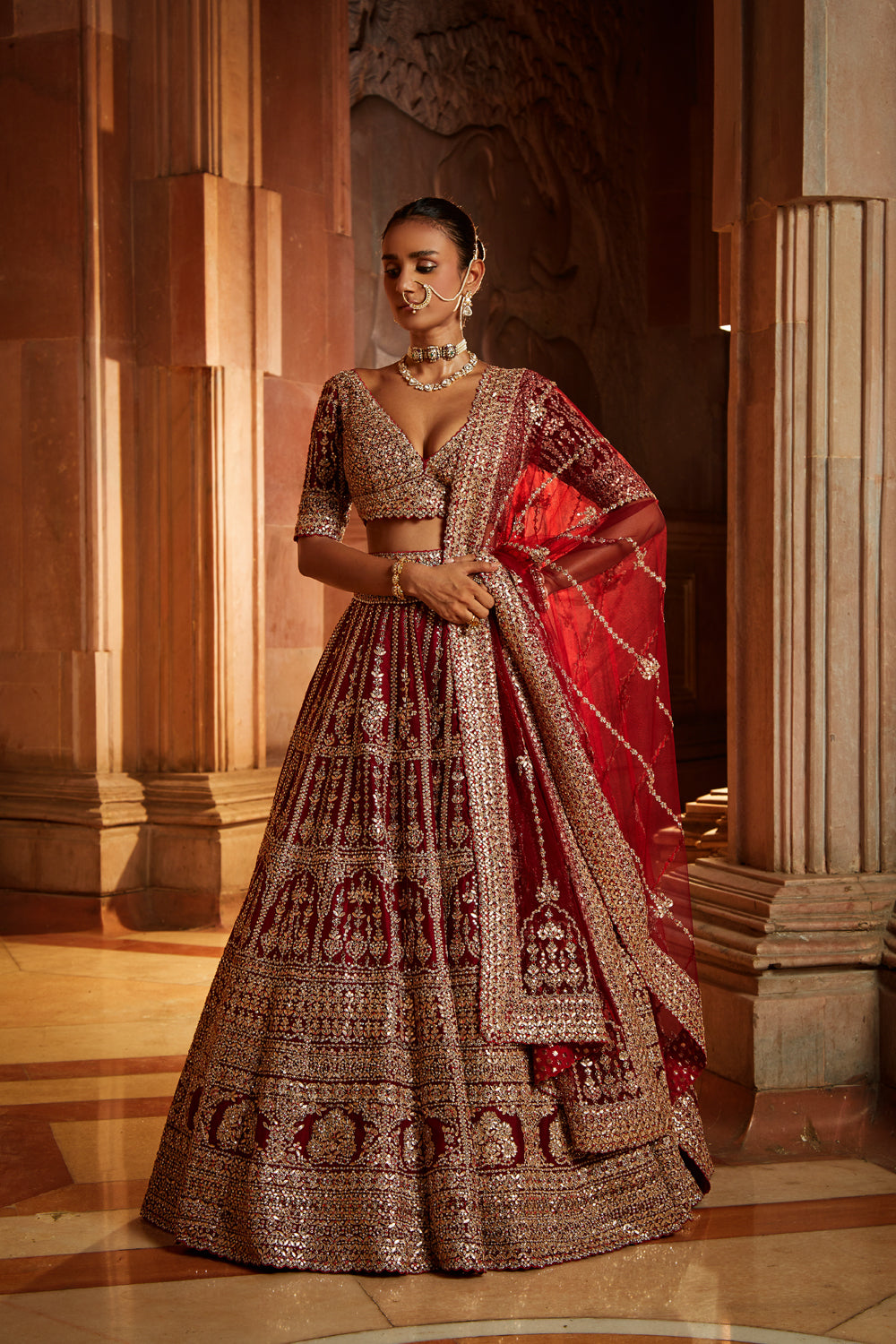 Maroon Raw Silk Lehenga Choli with Embroidered Belt & Tulle Dupatta