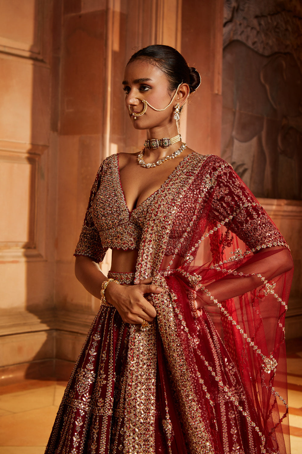 Maroon Raw Silk Lehenga Choli with Embroidered Belt & Tulle Dupatta