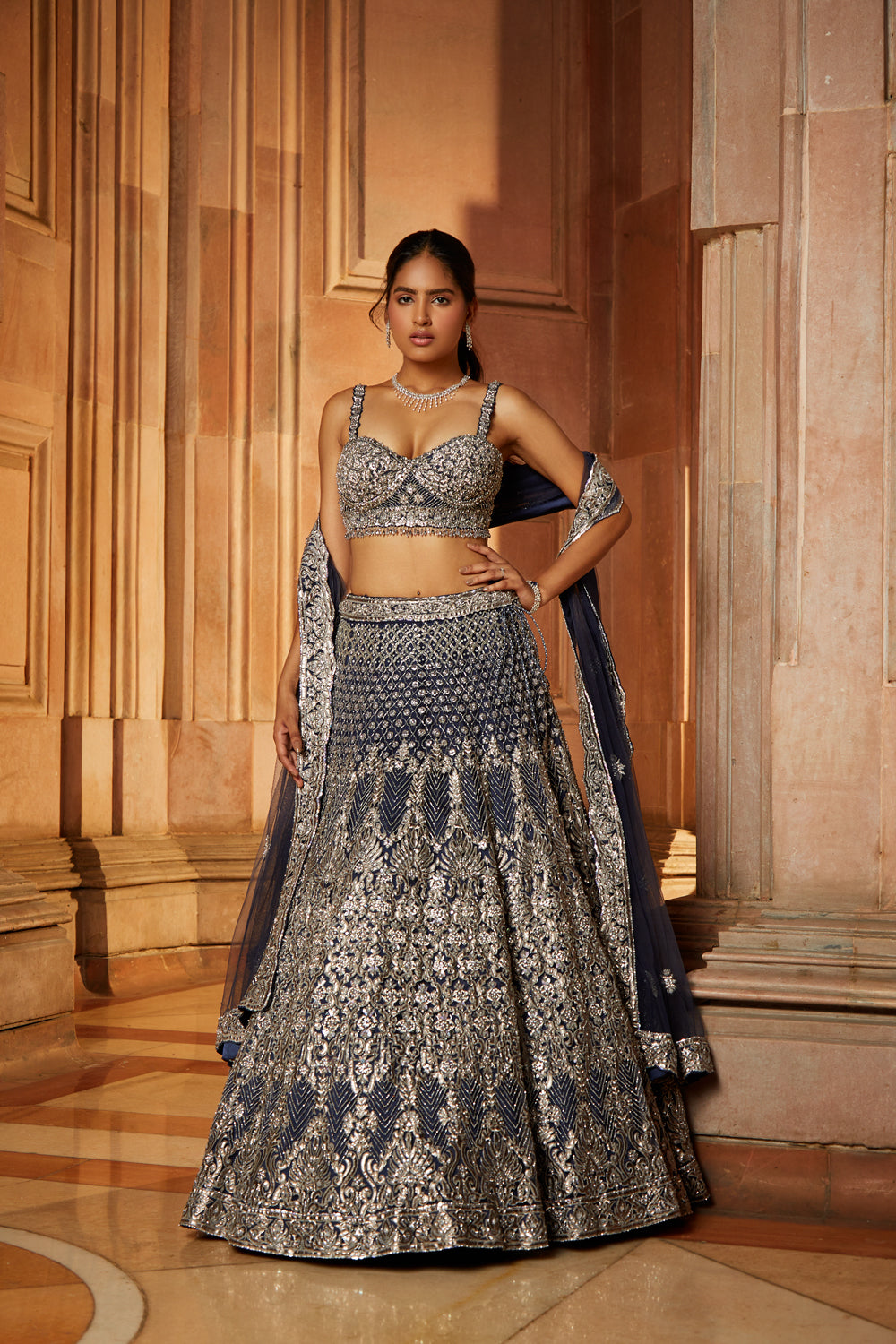 Midnight Blue Tulle Lehenga Choli Set with Pewter Applique