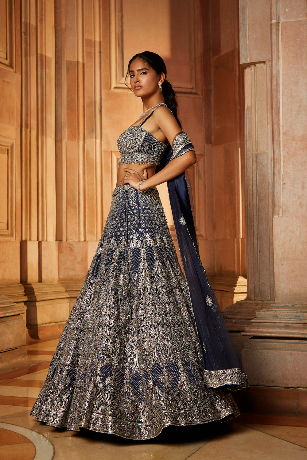 Midnight Blue Tulle Lehenga Choli Set with Pewter Applique