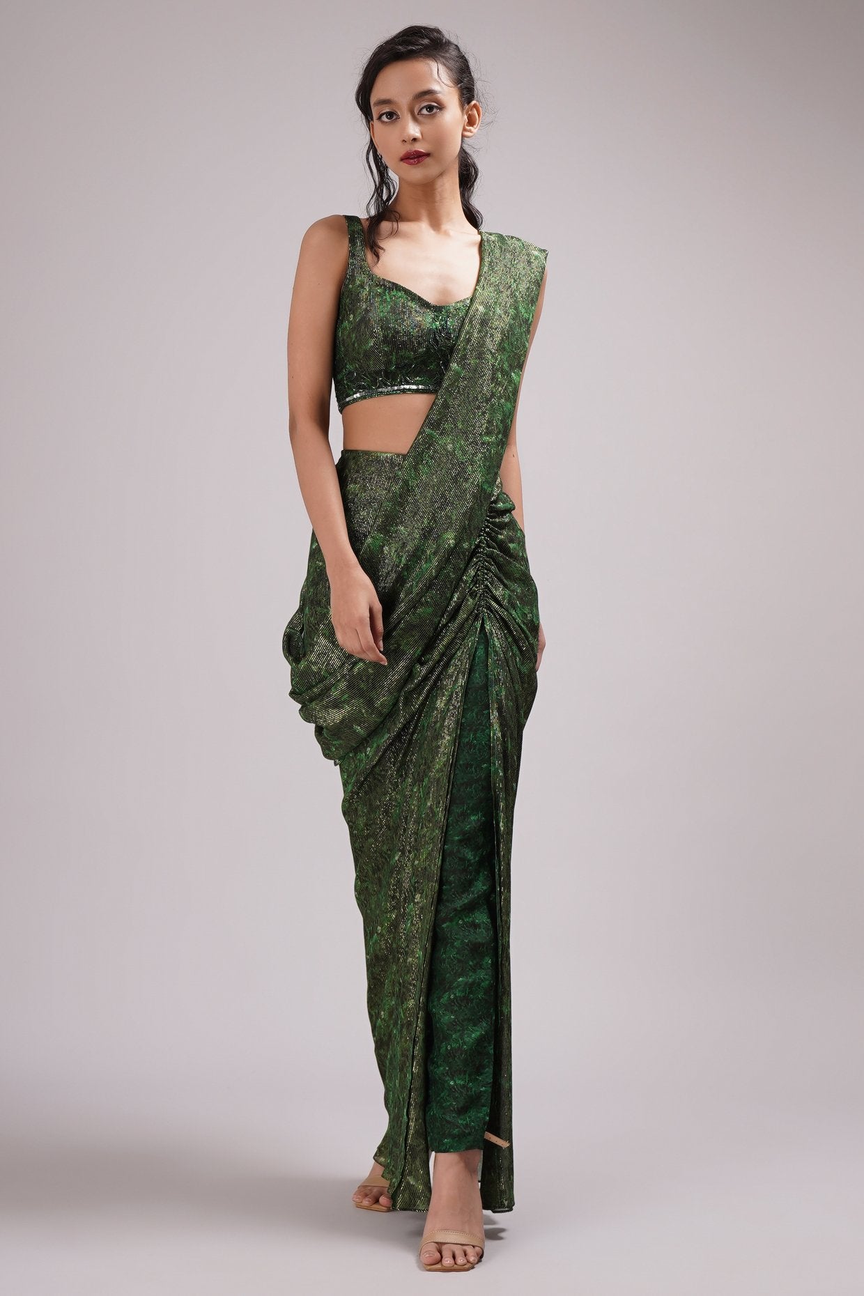 Fusion Style Jacket Drape Pant Saree Set