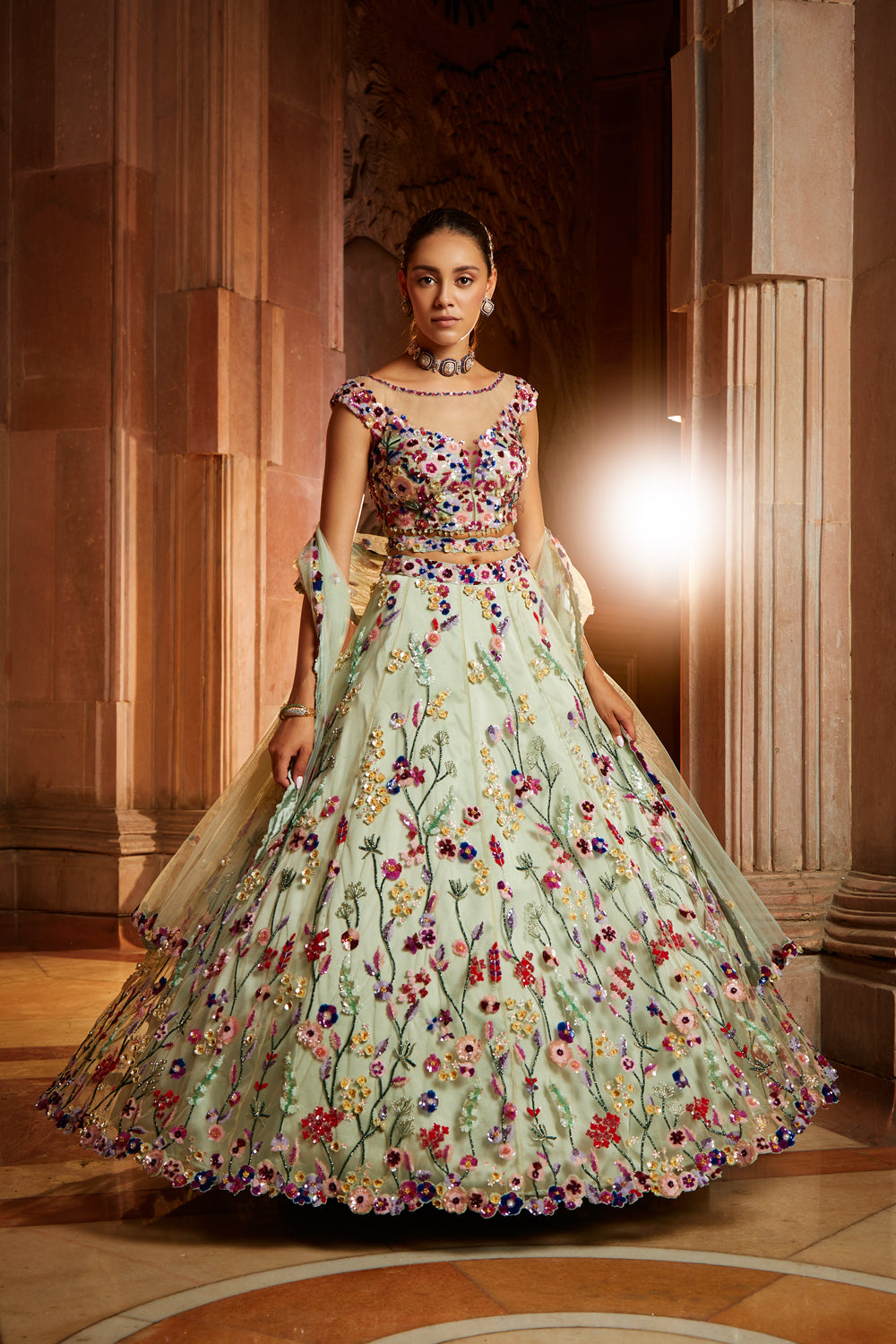 Mint Green Tulle Lehenga with Multicolour Floral Embroidery