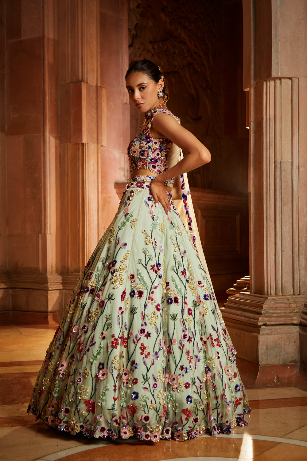 Mint Green Tulle Lehenga with Multicolour Floral Embroidery
