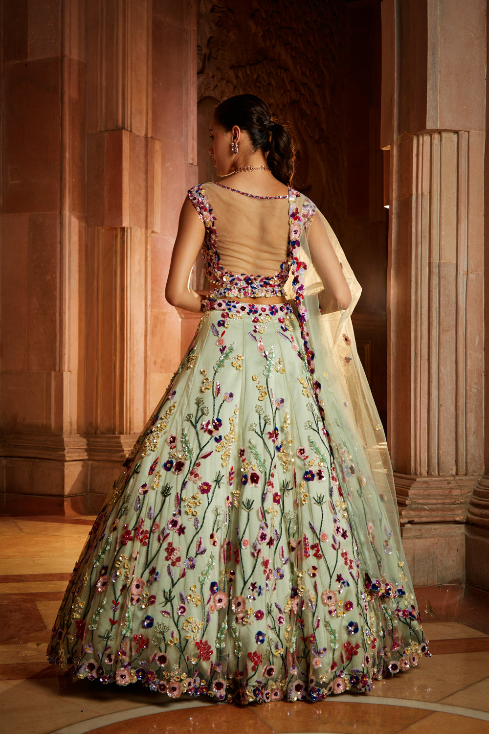Mint Green Tulle Lehenga with Multicolour Floral Embroidery
