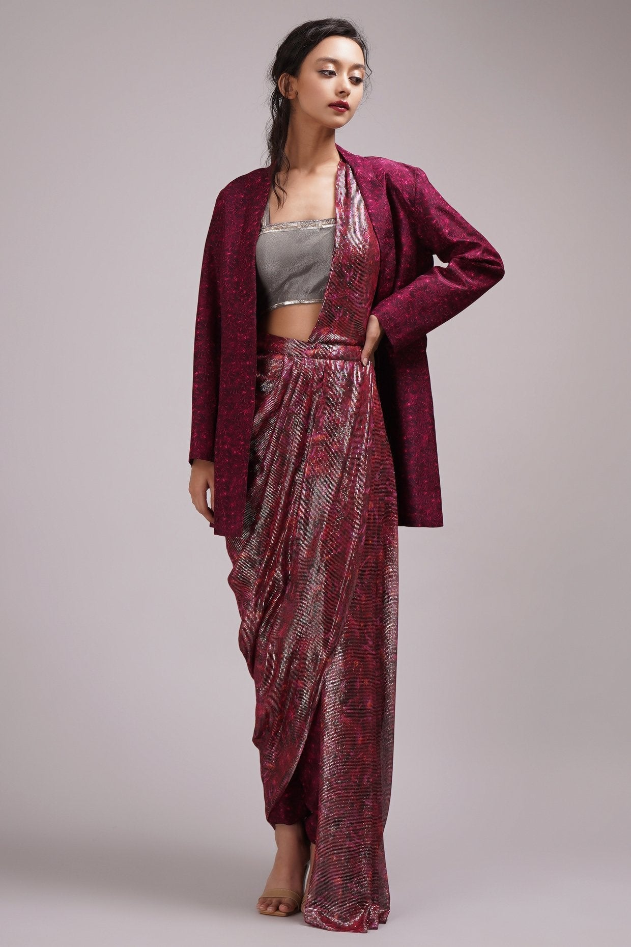 Fusion Style Jacket Drape Pant Saree Set