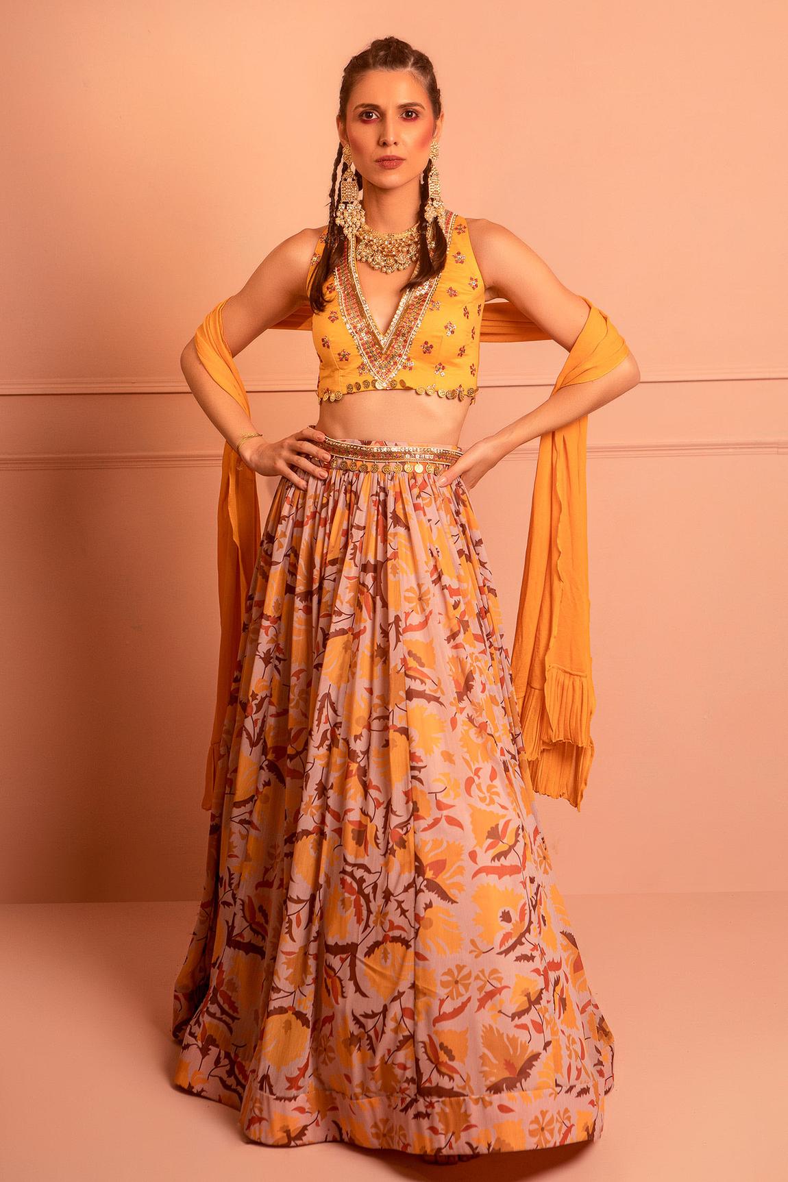 Multi Color Chiffon Printed Lehenga Set