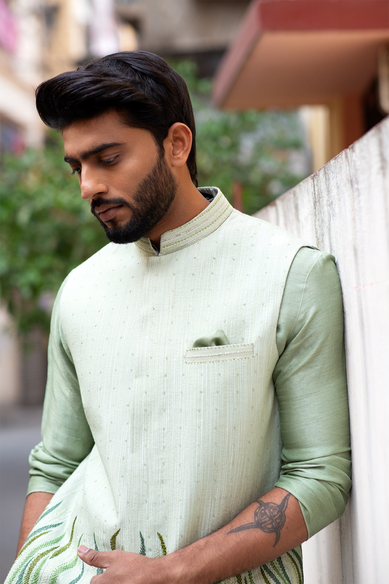 Mint Green Bandi Jacket with Stitchlines and leaf pattern embroidery