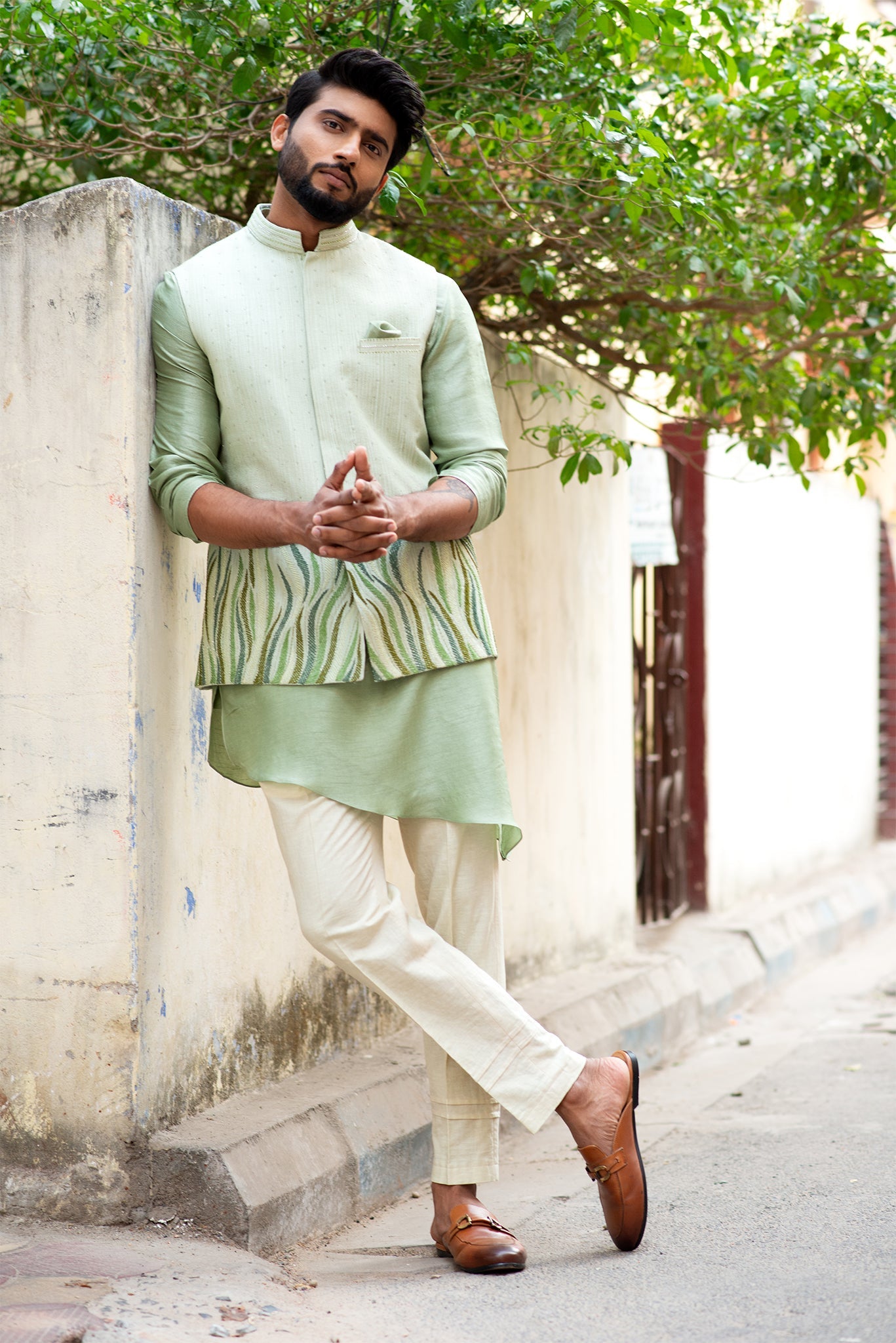 Mint Green Bandi Jacket with Stitchlines and leaf pattern embroidery