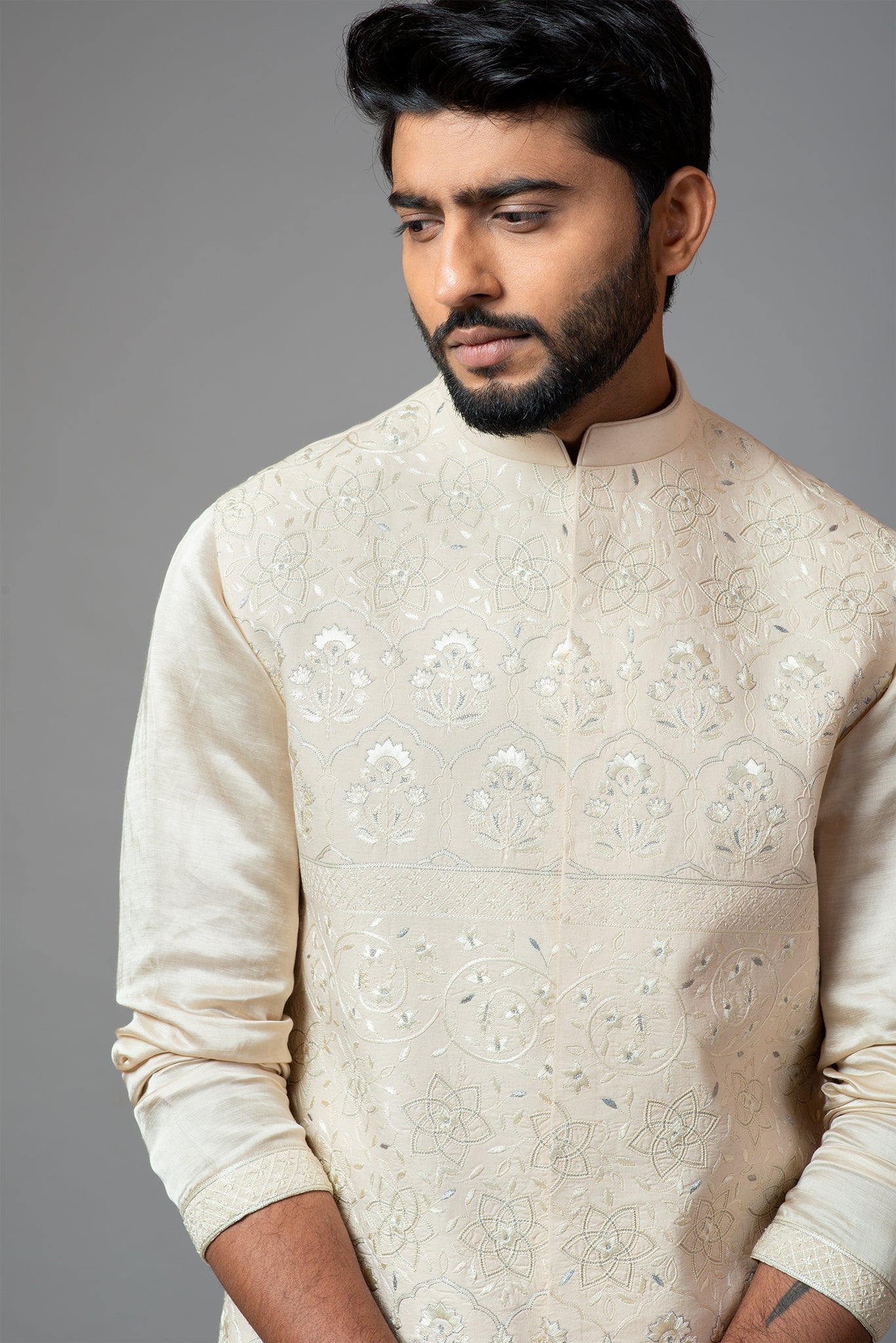 Cream Kora Fully Embroidered Nehru.