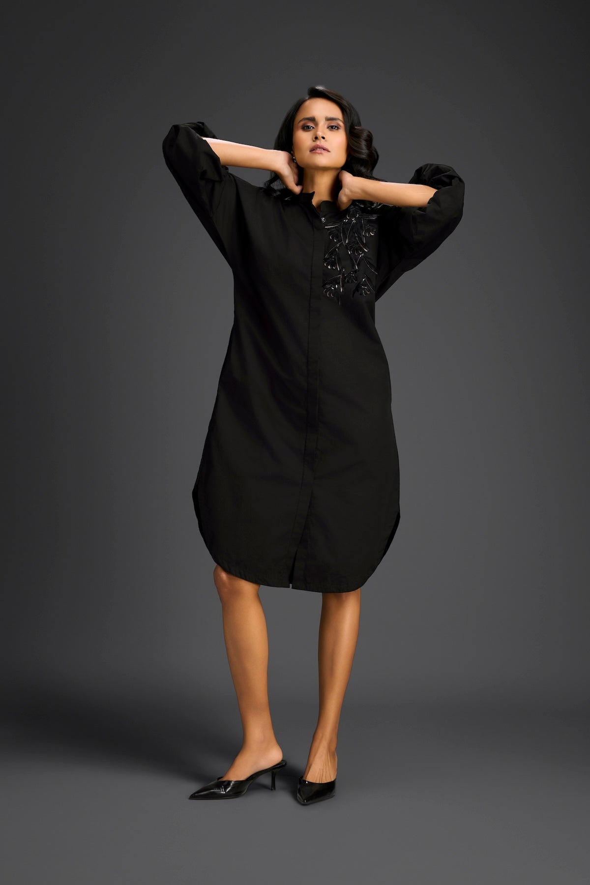 Black Puffed Sleeve Shirt Dress with Sheer Back