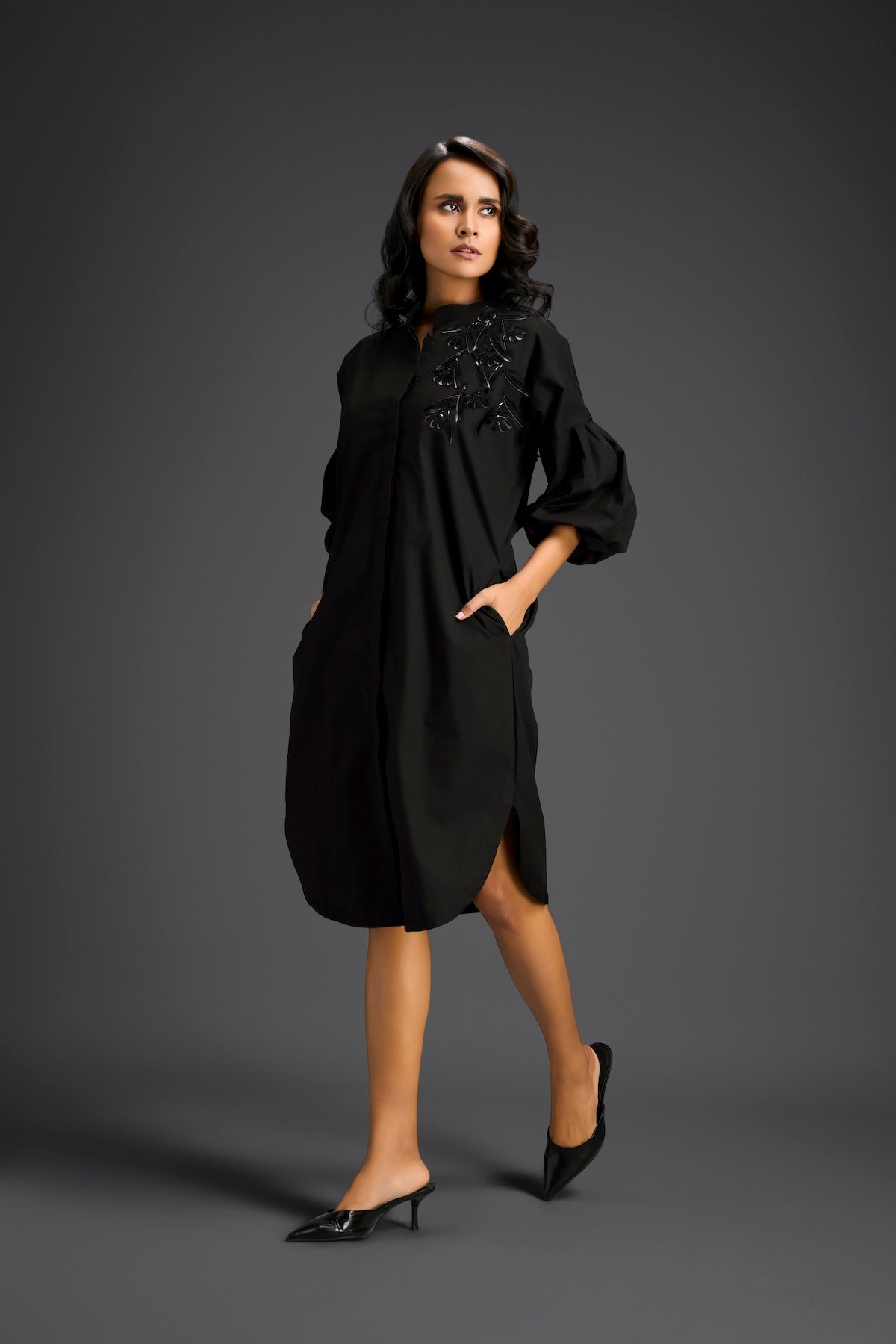Black Puffed Sleeve Shirt Dress with Sheer Back