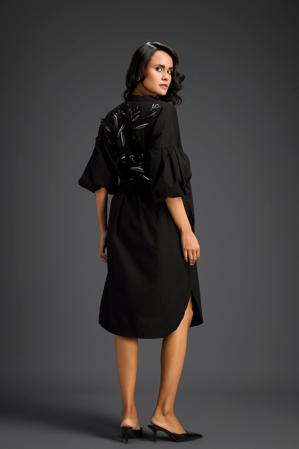 Black Puffed Sleeve Shirt Dress with Sheer Back