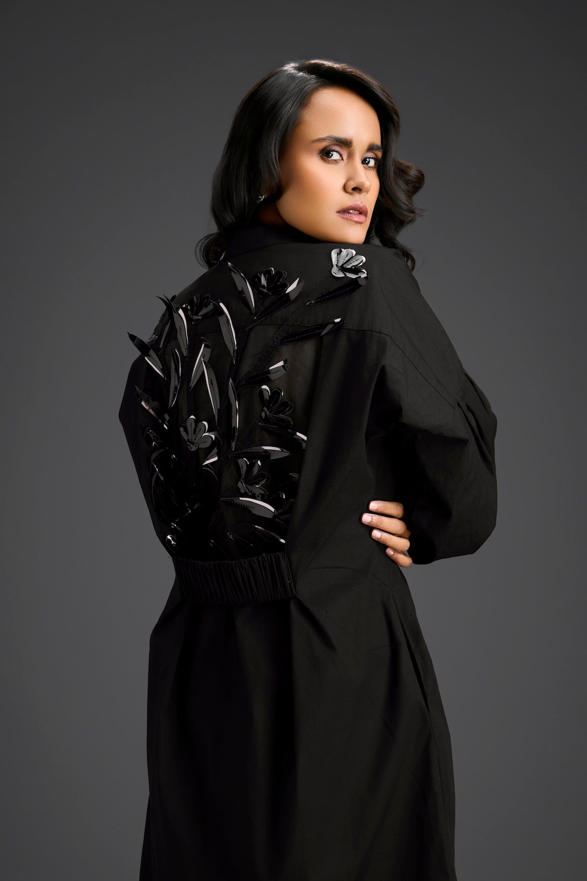 Black Puffed Sleeve Shirt Dress with Sheer Back