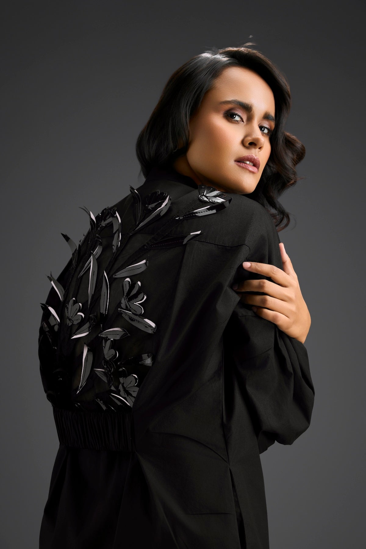 Black Puffed Sleeve Shirt Dress with Sheer Back