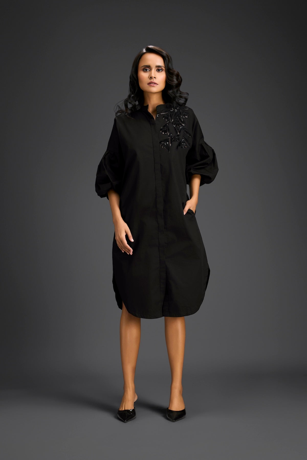 Black Puffed Sleeve Shirt Dress with Sheer Back