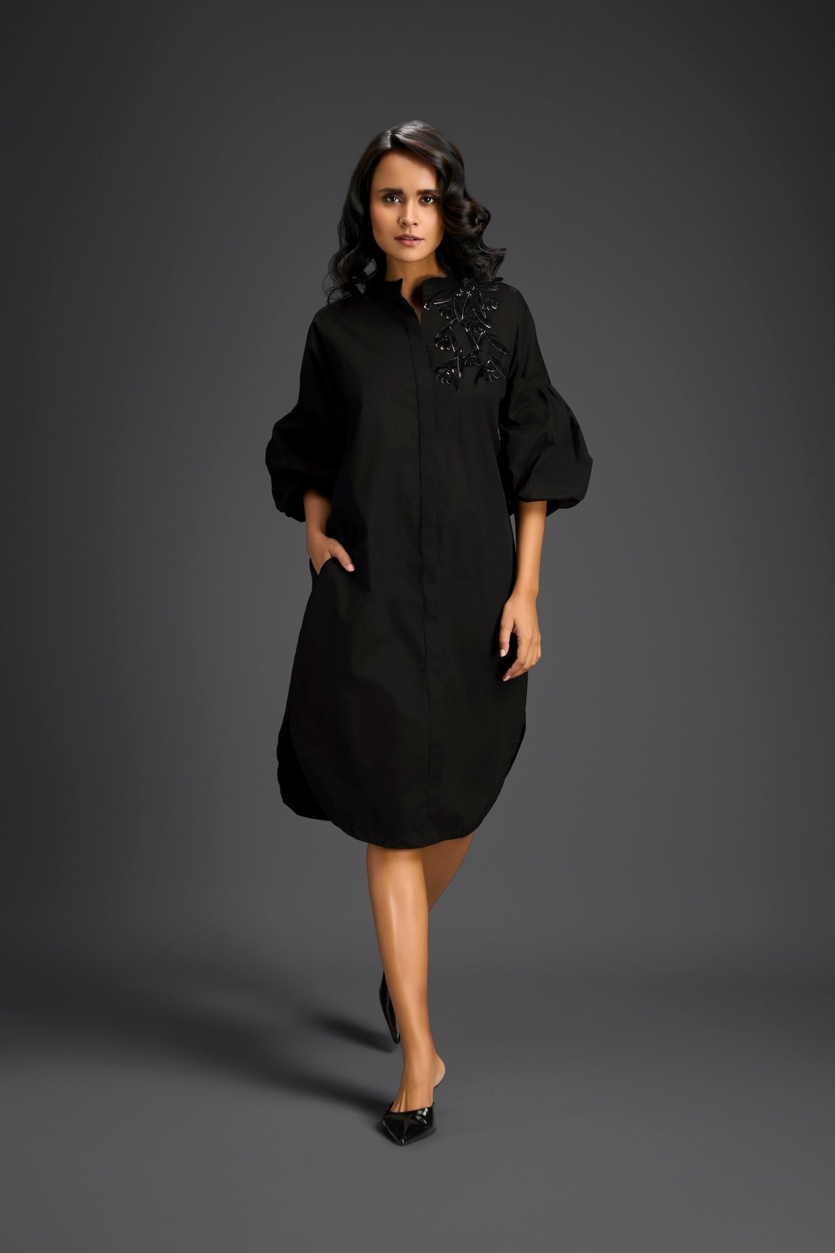 Black Puffed Sleeve Shirt Dress with Sheer Back