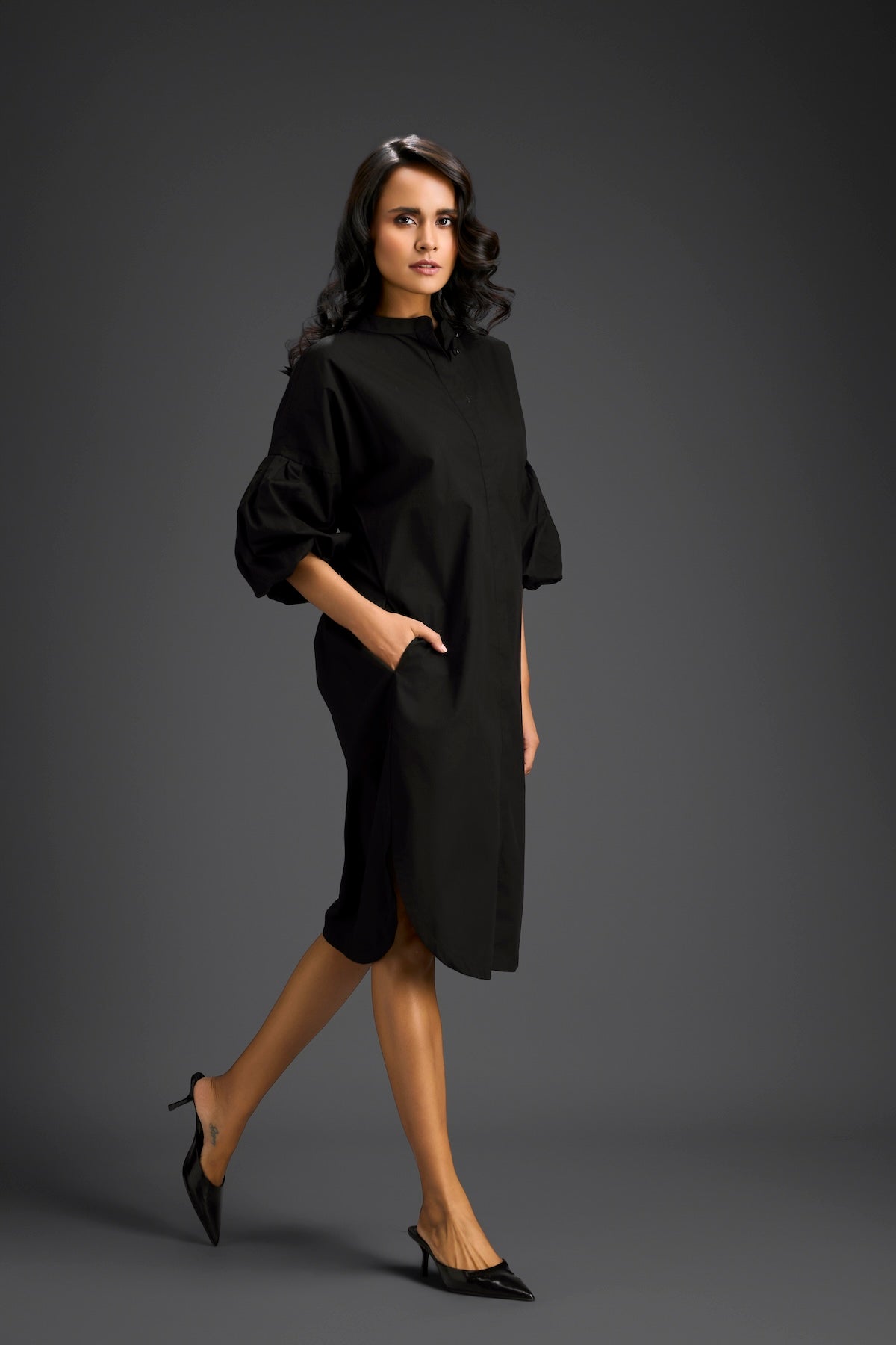 Black Puffed Sleeve Shirt Dress with Sheer Back