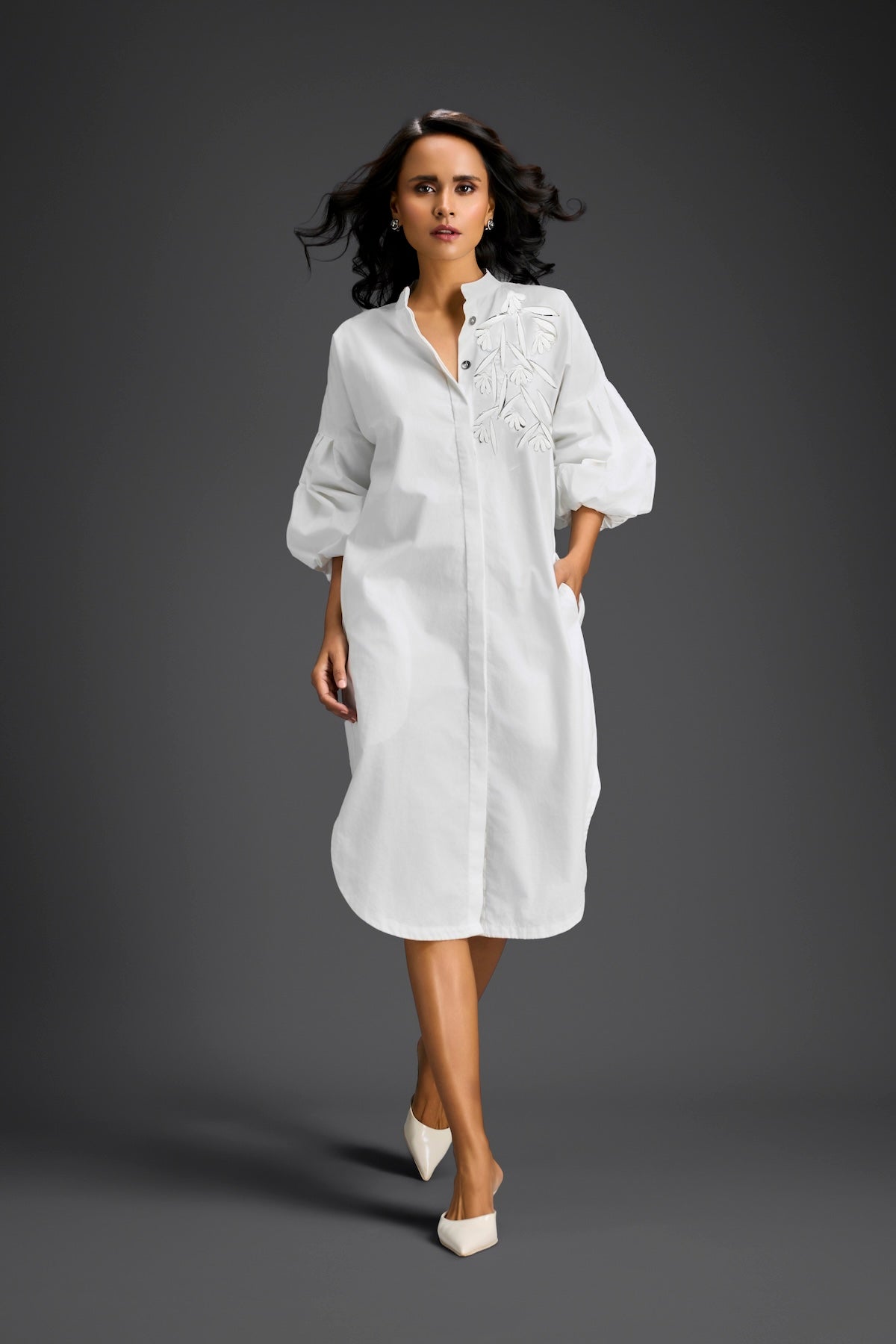 White Puffed Sleeve Shirt Dress with Sheer Back