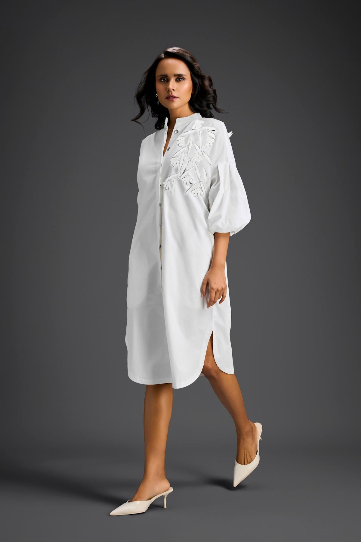 White Puffed Sleeve Shirt Dress with Sheer Back