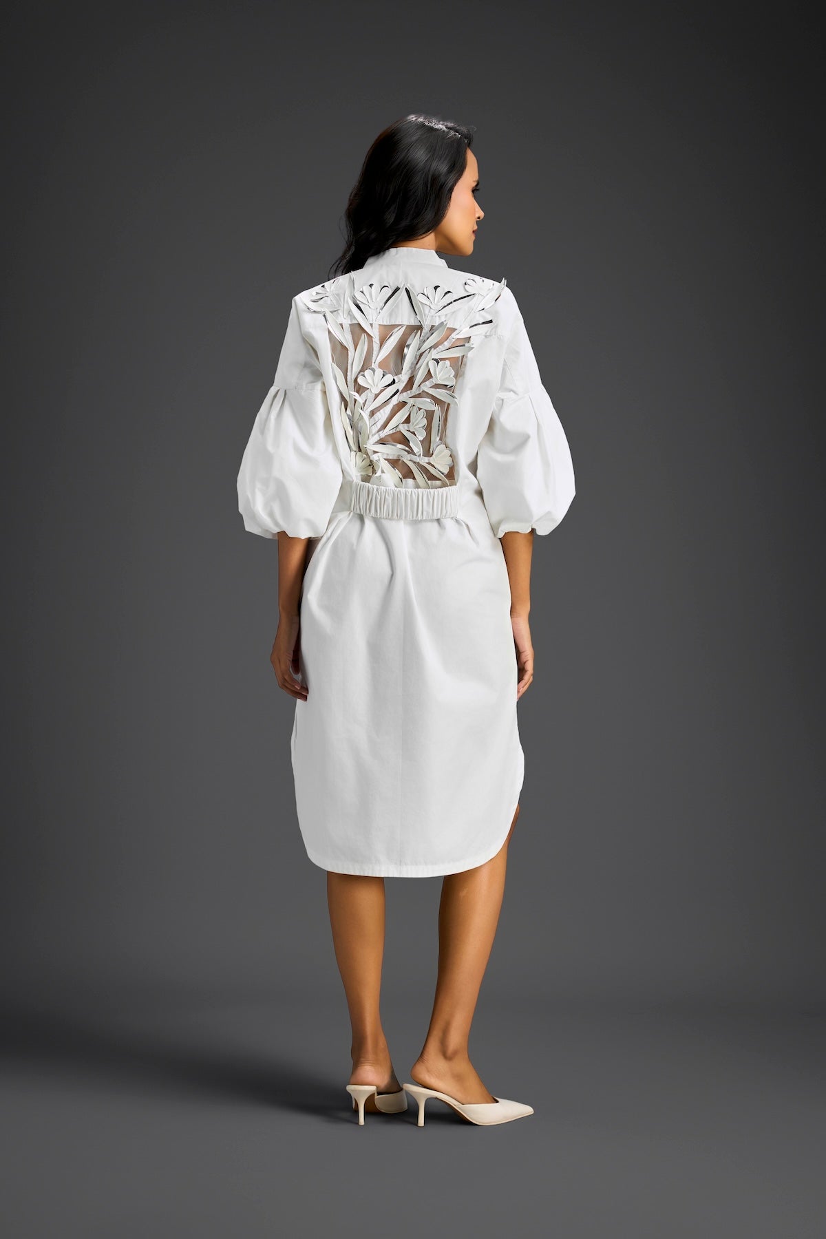 White Puffed Sleeve Shirt Dress with Sheer Back