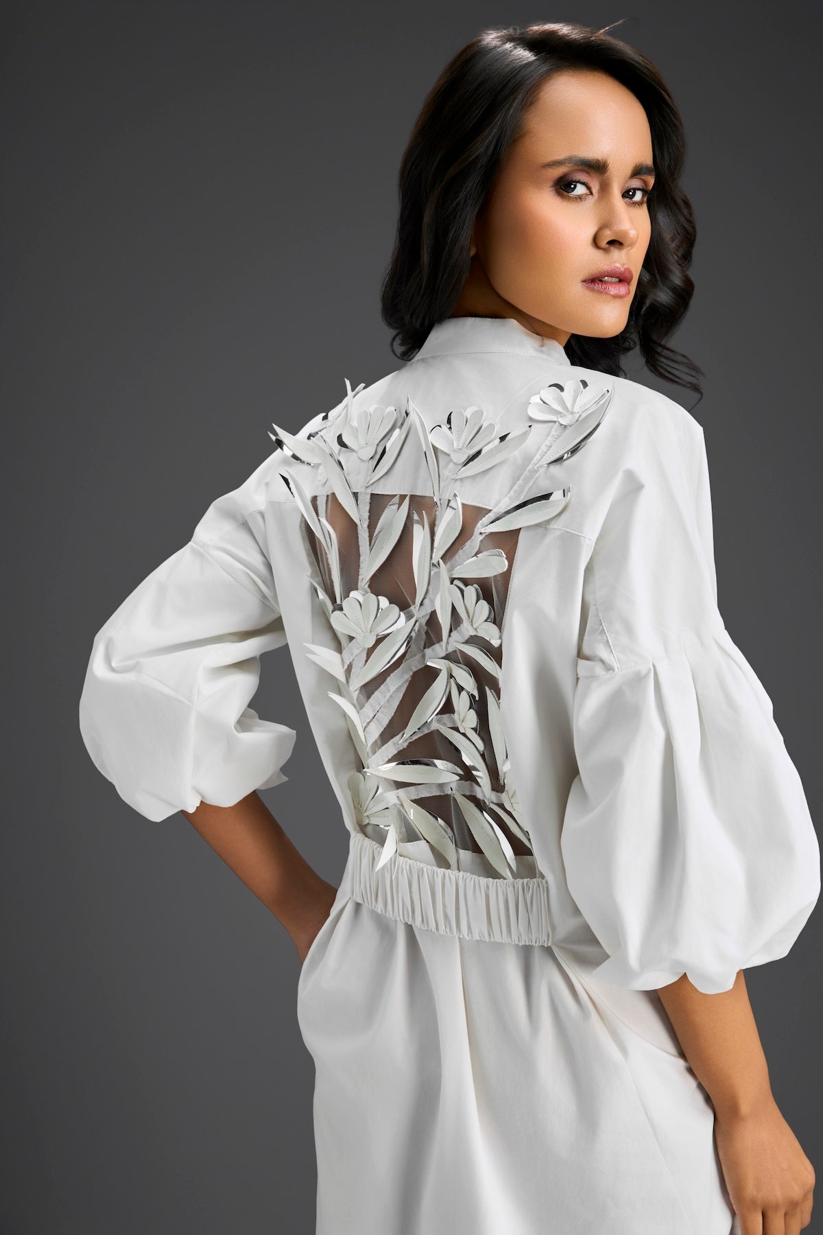 White Puffed Sleeve Shirt Dress with Sheer Back