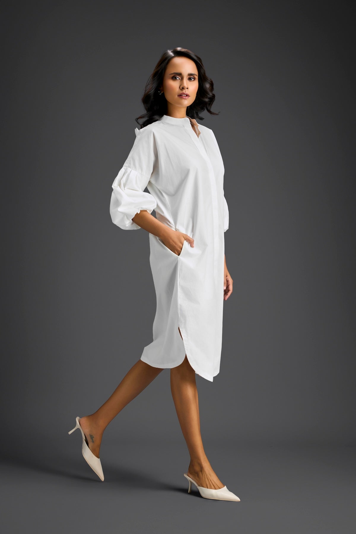 White Puffed Sleeve Shirt Dress with Sheer Back