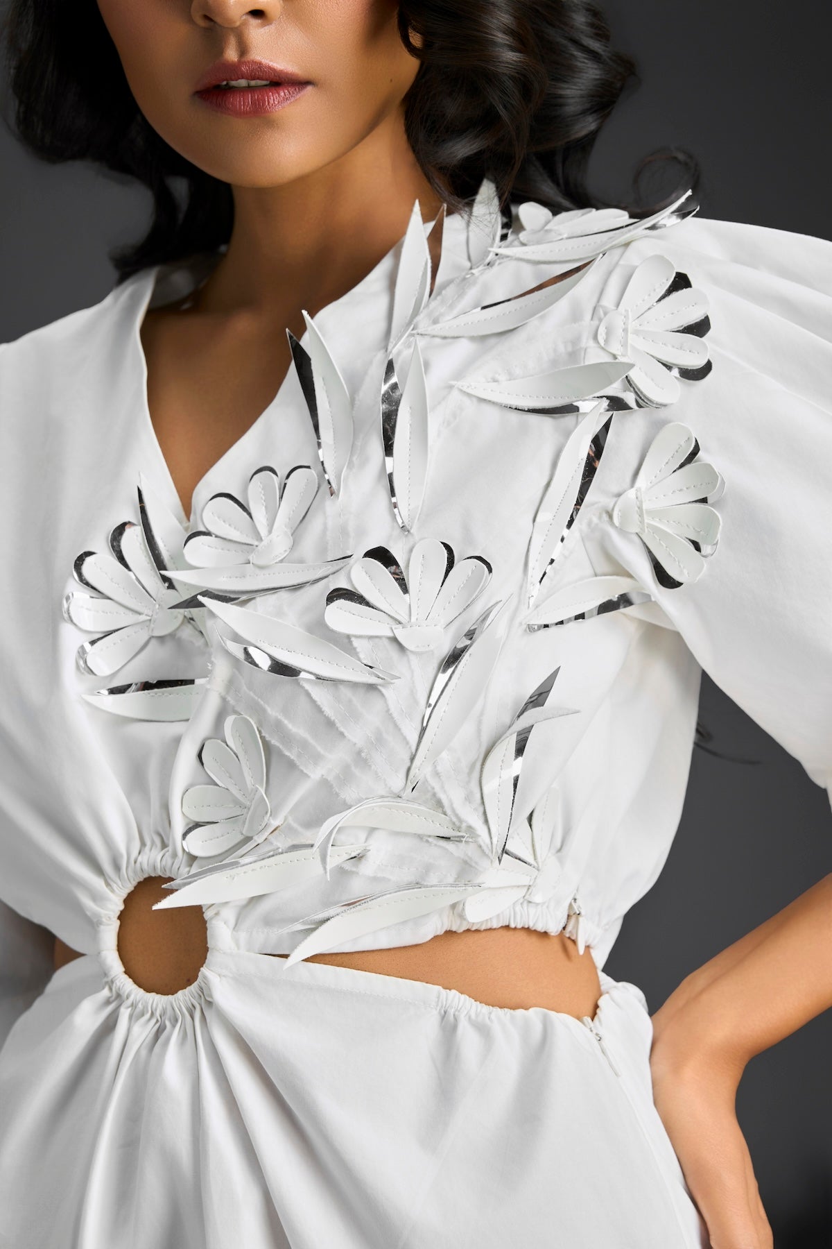 White Puff Sleeves V-Neck 3D Embellished Dress