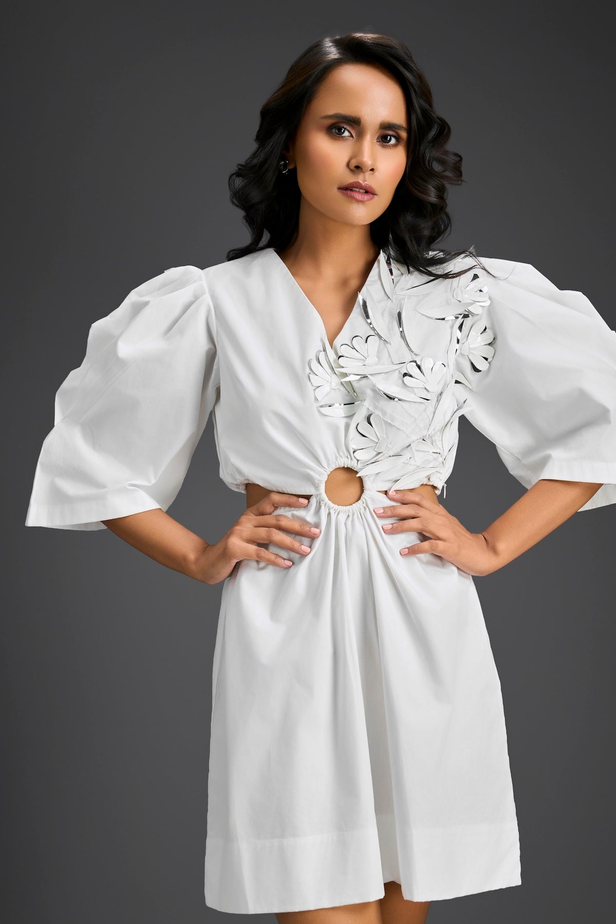 White Puff Sleeves V-Neck 3D Embellished Dress