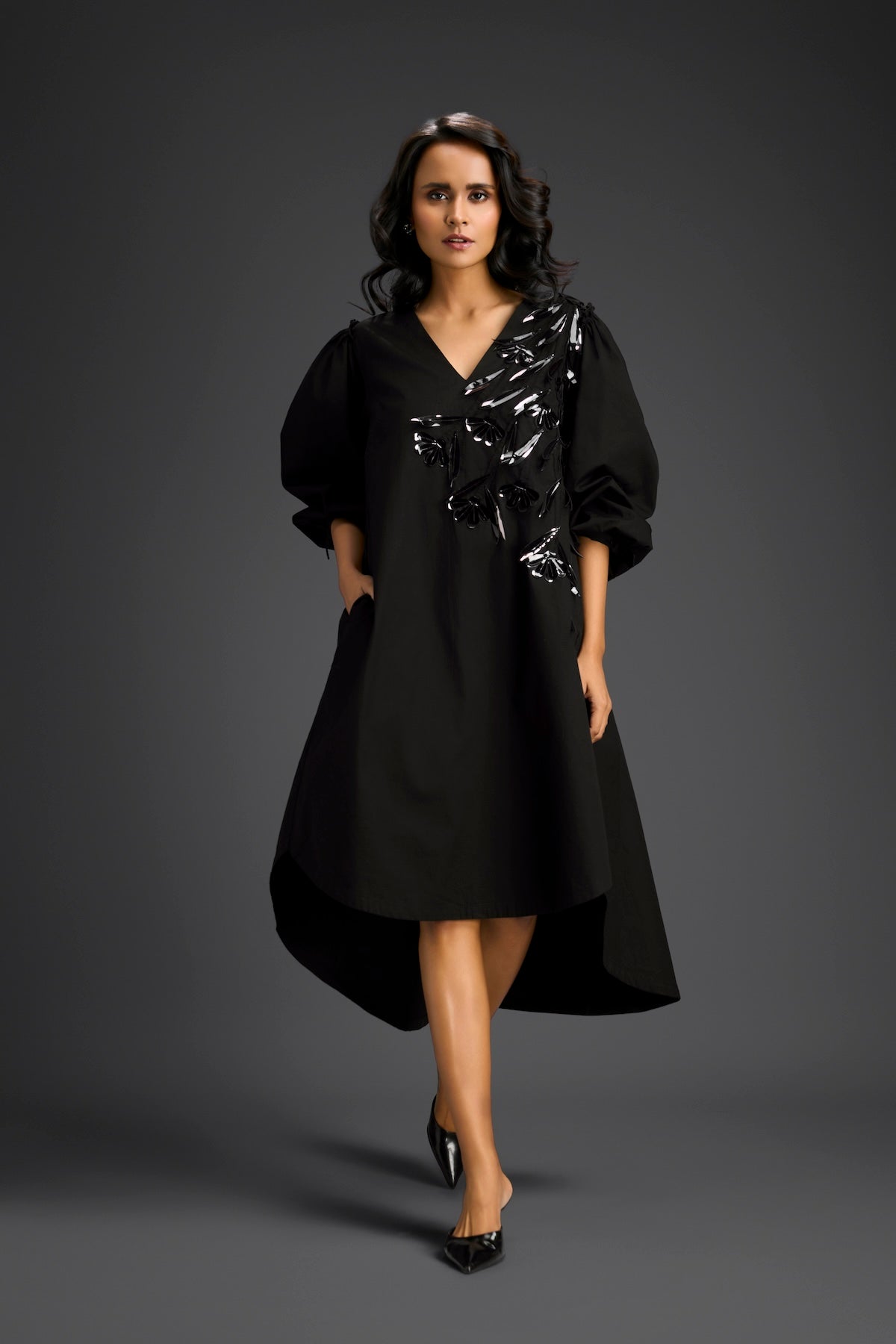 Black Embellished Puff Sleeve High-Low Dress
