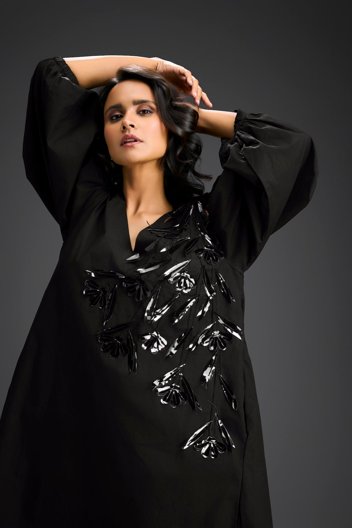 Black Embellished Puff Sleeve High-Low Dress