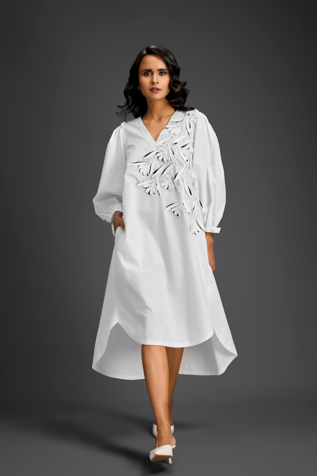 White Embellished Puff Sleeve High-Low Dress