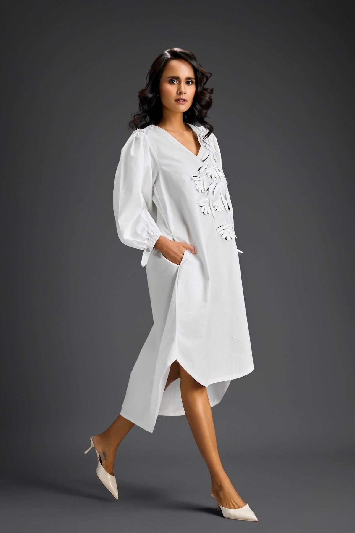 White Embellished Puff Sleeve High-Low Dress
