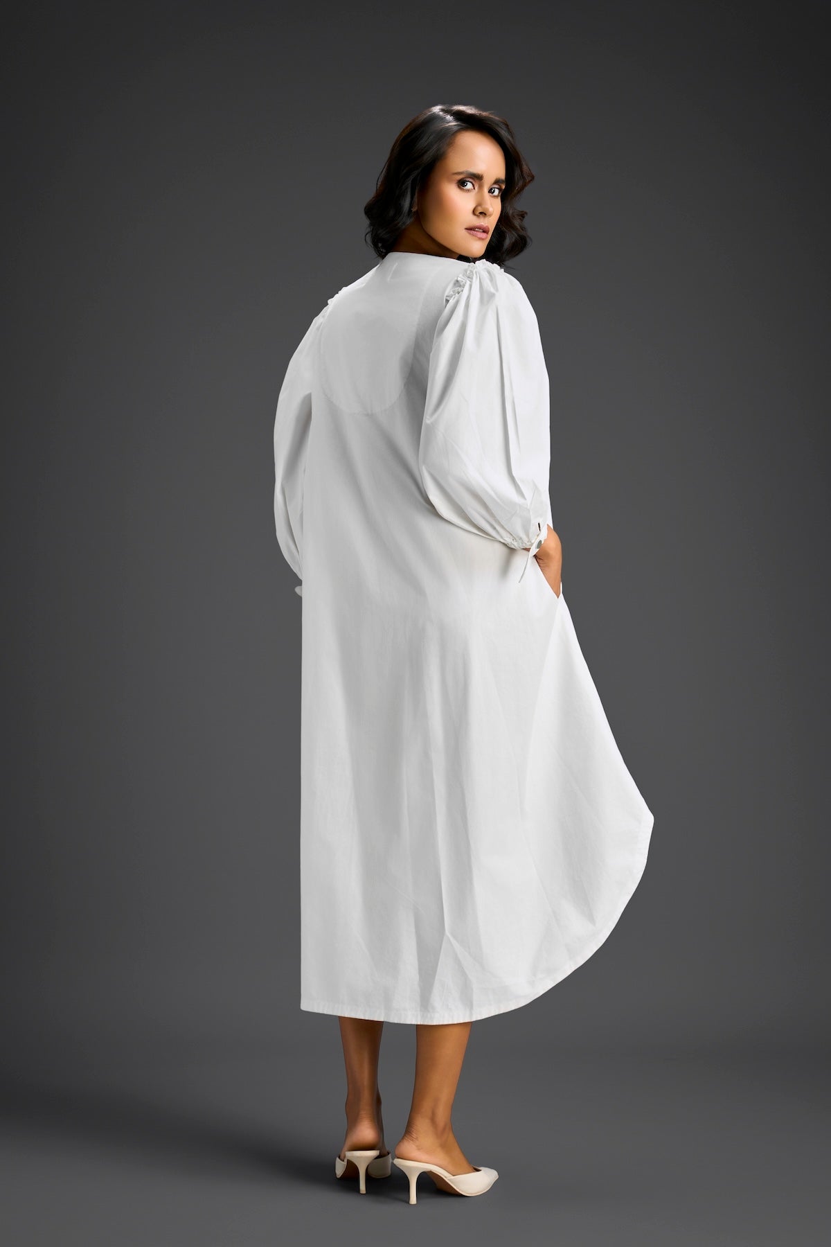 White Embellished Puff Sleeve High-Low Dress