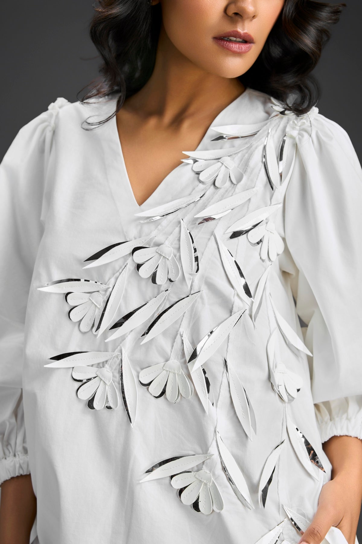 White Embellished Puff Sleeve High-Low Dress