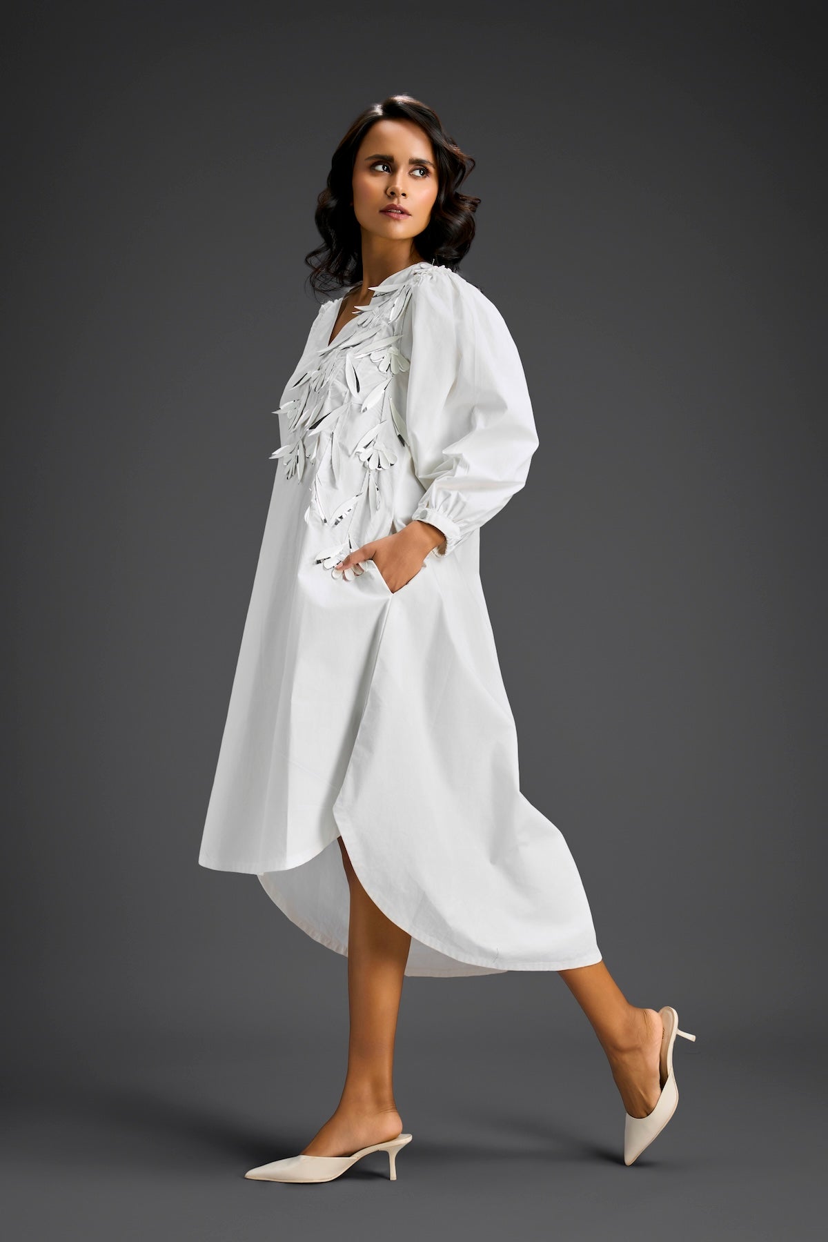 White Embellished Puff Sleeve High-Low Dress