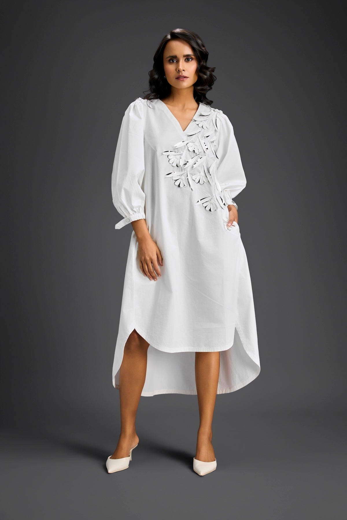 White Embellished Puff Sleeve High-Low Dress