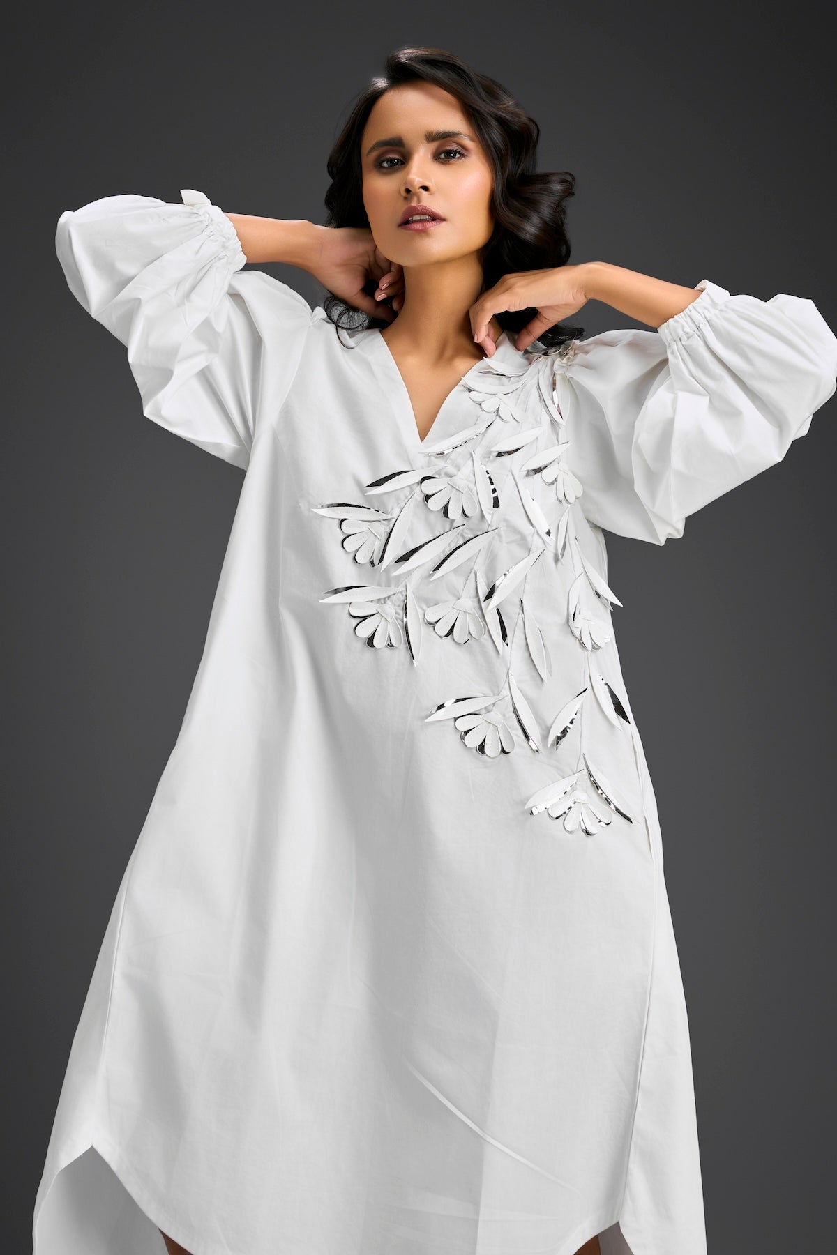 White Embellished Puff Sleeve High-Low Dress