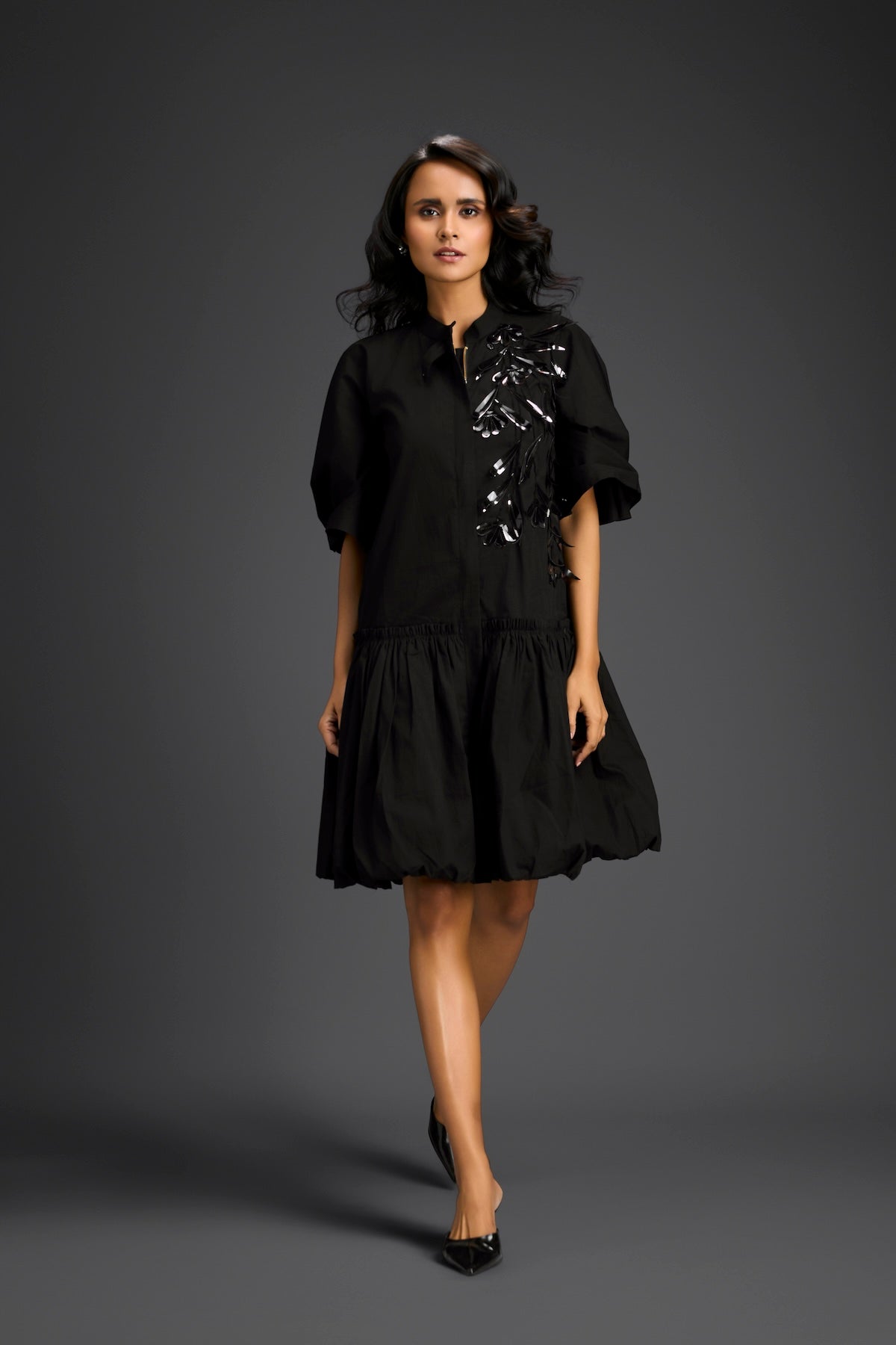 Black 3D Floral Embellished Puff Sleeve Dress