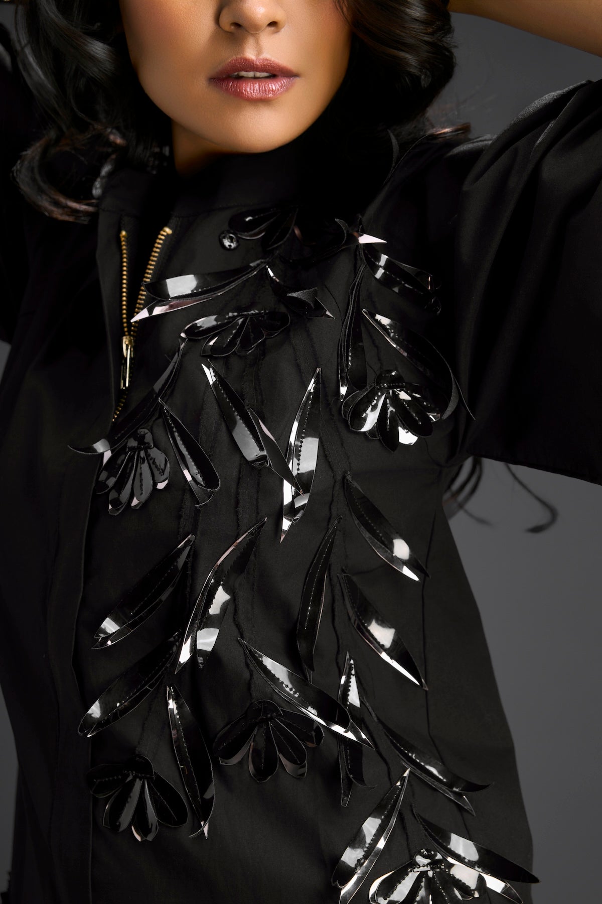 Black 3D Floral Embellished Puff Sleeve Dress