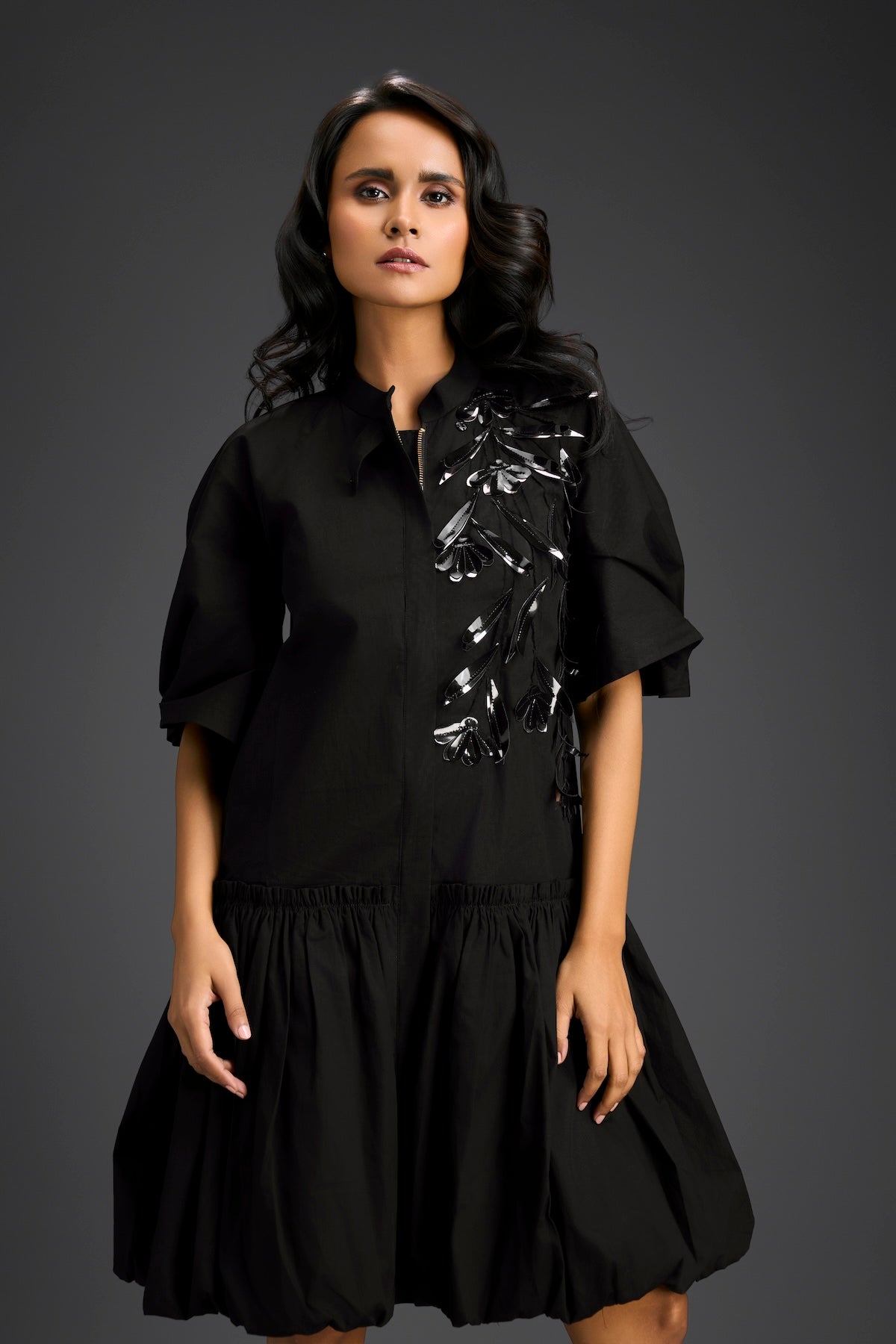 Black 3D Floral Embellished Puff Sleeve Dress