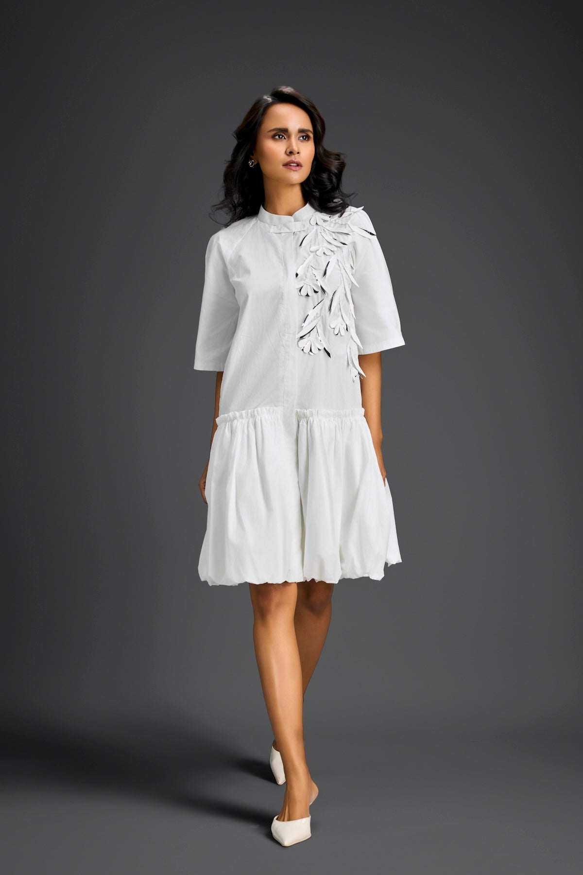White 3D Floral Embellished Puff Sleeve Dress