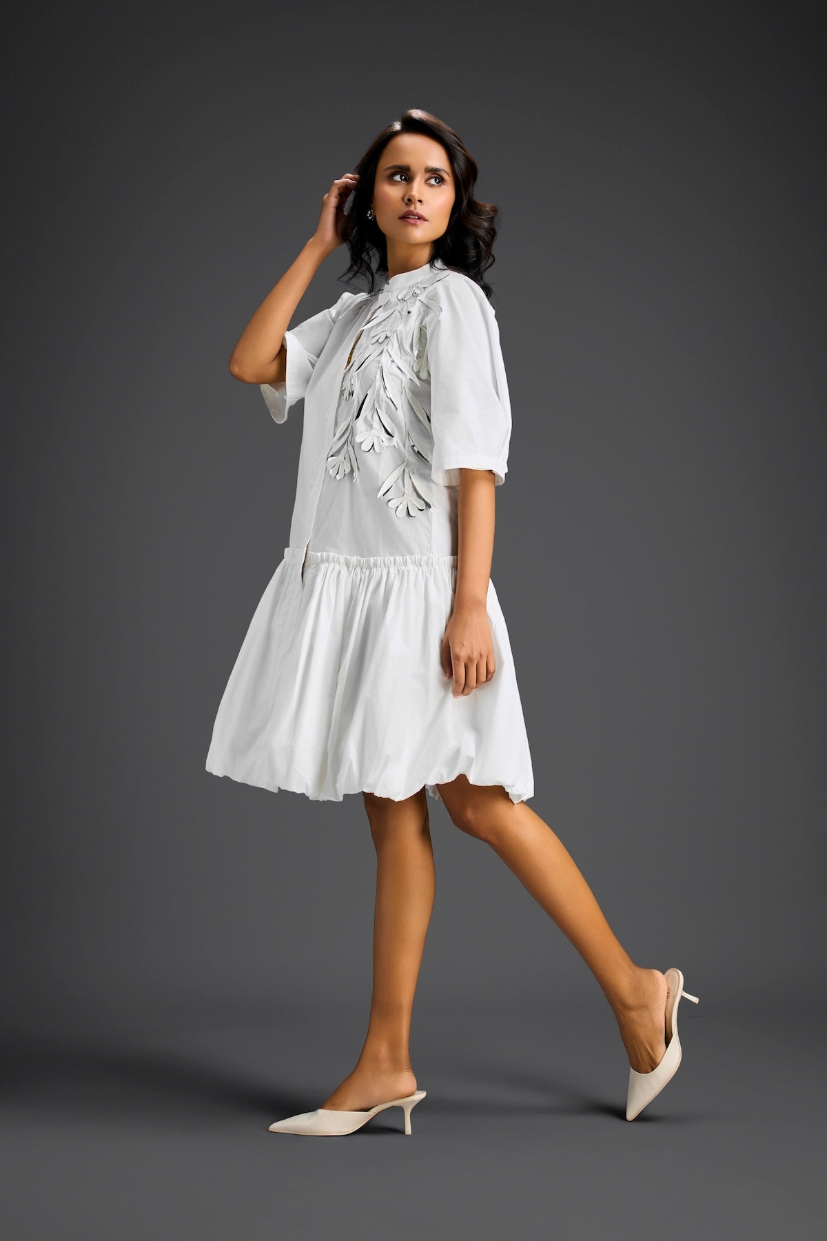 White 3D Floral Embellished Puff Sleeve Dress