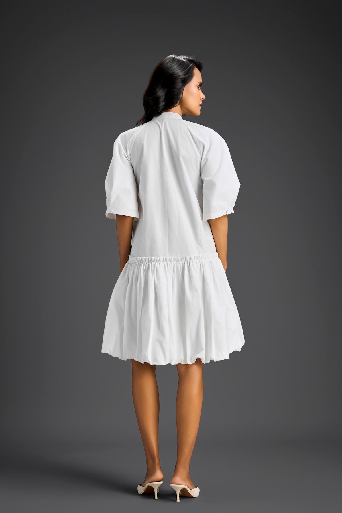 White 3D Floral Embellished Puff Sleeve Dress