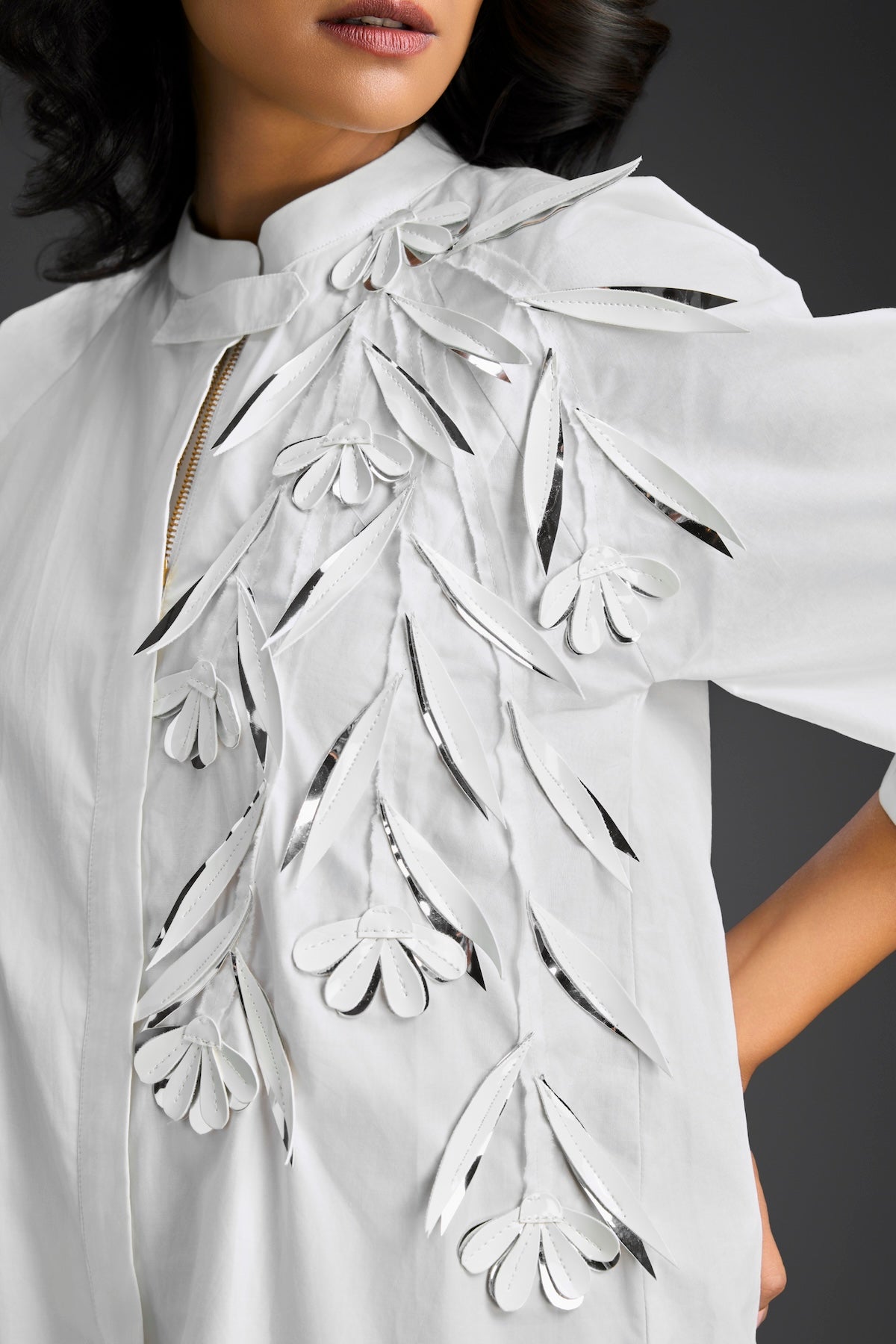 White 3D Floral Embellished Puff Sleeve Dress
